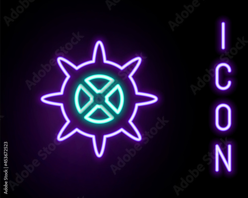 Glowing neon line Bicycle sprocket crank icon isolated on black background. Colorful outline concept. Vector