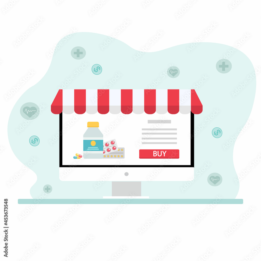 Fototapeta premium Online shopping concept pills.Online pharmacy .Vector illustration. Online pharmacy on the computer