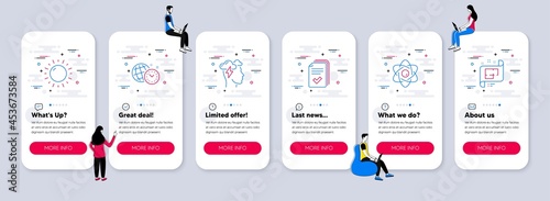 Vector Set of Science icons related to Sunny weather, Atom core and Mindfulness stress icons. UI phone app screens with teamwork. Handout, Time management and Architectural plan line symbols. Vector