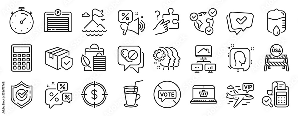 Set of Business icons, such as Calculator, Confirmed, Employees teamwork icons. Dollar target, Online voting, Cocktail signs. Discounts chat, Bio shopping, Parking garage. Drop counter. Vector