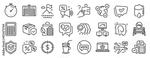 Set of Business icons  such as Calculator  Confirmed  Employees teamwork icons. Dollar target  Online voting  Cocktail signs. Discounts chat  Bio shopping  Parking garage. Drop counter. Vector