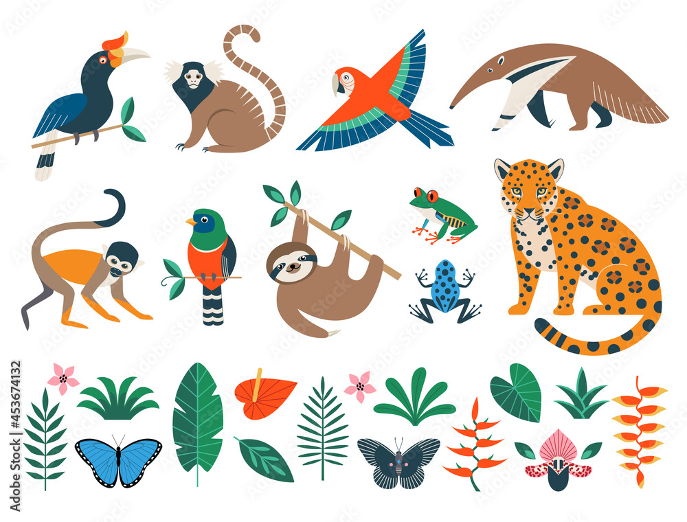 Set of tropical jungle animals, leaves and flowers isolated on white background. Flat vector clipart for your design