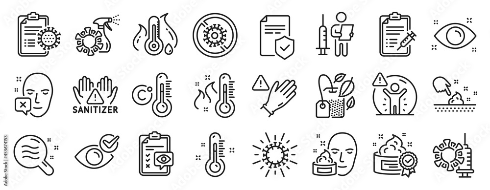 Set of Medical icons, such as Insurance policy, High thermometer, Coronavirus icons. Coronavirus vaccine, Face declined, Vaccination announcement signs. Use gloves, Vaccine report, Cream. Vector