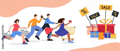 Happy men and women running for shopping, sale and discount.