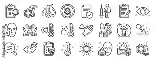 Set of Medical icons, such as Insurance policy, High thermometer, Coronavirus icons. Coronavirus vaccine, Face declined, Vaccination announcement signs. Use gloves, Vaccine report, Cream. Vector