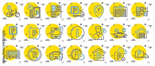 Parking line icons. Car garage, Valet servant and Paid transport parking icons. Video monitoring, Bike or Car park and Truck or Bus transport garage. Money payment, Map pointer and Free park. Vector
