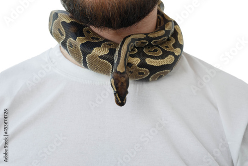 A man with a snake around his neck. White background. Snake around a man's neck. photo