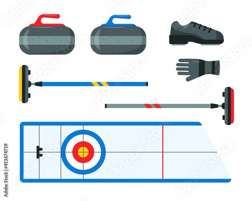 Set of equipment for curling game. Winter Sport.