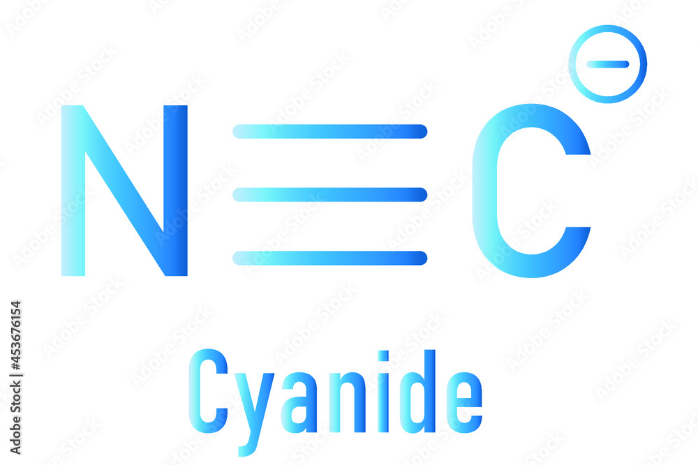 Cyanide anion, chemical structure. Cyanides are toxic, due to inhibition of the enzyme cytochrome c oxidase. Skeletal formula. Cyanide anion, chemical structure. Cyanides are toxic, due to inhibition of the enzyme cytochrome c oxidase. Skeletal formula.