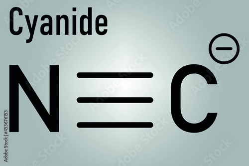 Cyanide anion, chemical structure. Cyanides are toxic, due to inhibition of the enzyme cytochrome c oxidase. Skeletal formula.