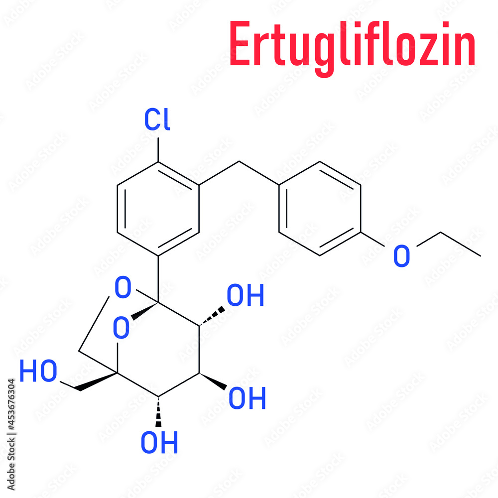 Ertugliflozin diabetes drug molecule. Skeletal formula.
