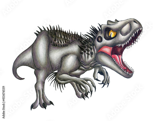 Indominus rex dinosaur. Hand painted dinosaurs isolated on white background. Predator animal of the prehistoric period. Illustration. Watercolor. Template. Hand drawing. Clipart. Close-up