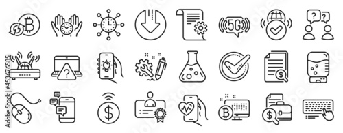 Set of Technology icons  such as Chemistry lab  Refresh bitcoin  5g wifi icons. Confirmed  Certificate  Water cooler signs. Teamwork questions  Cardio training  Communication. Electric app. Vector