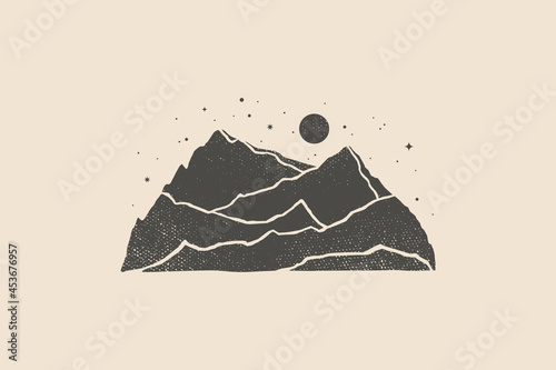 Silhouette of mountains with moon and stars drawn with a stamp effect. Night desert landscape. Vintage emblem. Vector illustration.