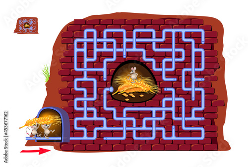 Logic puzzle game with labyrinth for children and adults. Help the mice to carry the grains to their friend. Find the way in the pipes. Worksheet for brain teaser book. Play online. Maze for kids.