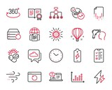 Vector Set of Science icons related to Time, Battery charging and Electronic thermometer icons. Electricity, Online help and Windy weather signs. Time web symbol. Vector