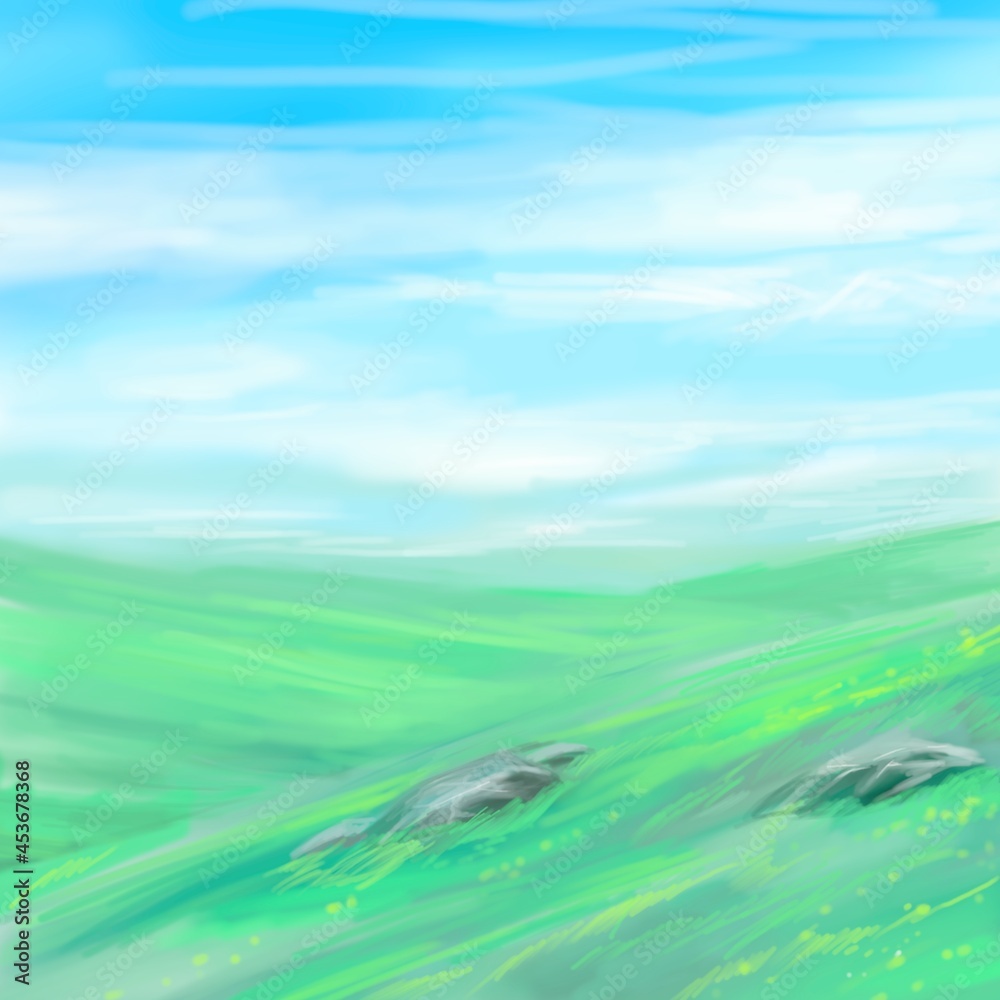 Green hills with dandelions, landscape Green hills with dandelions, landscape