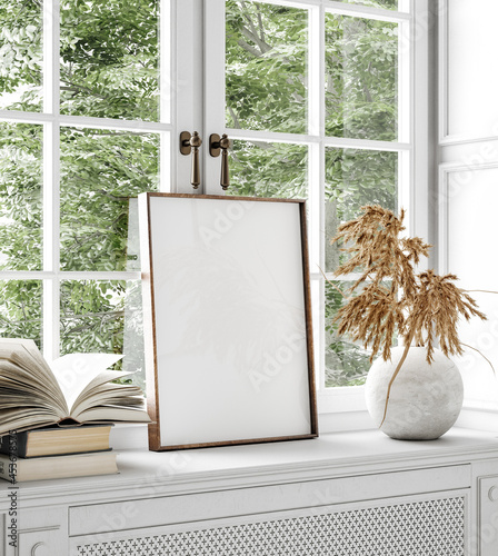 Mockup frame, dry flower and books standing close up near window, 3d render