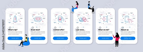 Technology icons set. UI phone app screens with teamwork. Included icon as Bitcoin, Rocket, Loyalty points signs. Delivery app, Sign out, Hold smartphone line icons. Vector