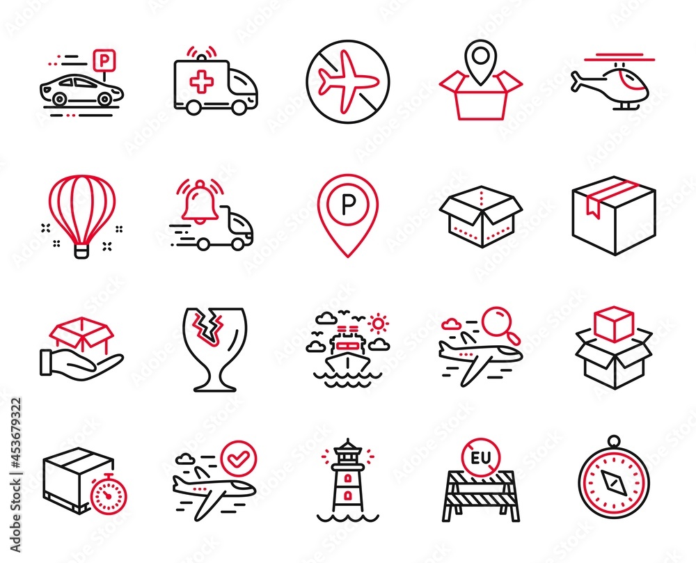 Vector Set of Transportation icons related to Ship travel, Lighthouse and Parcel icons. Fragile package, Parking and Travel compass signs. Car parking, Confirmed flight and Open box. Vector Vector Set of Transportation icons related to Ship travel, Lighthouse and Parcel icons. Fragile package, Parking and Travel compass signs. Car parking, Confirmed flight and Open box. Vector