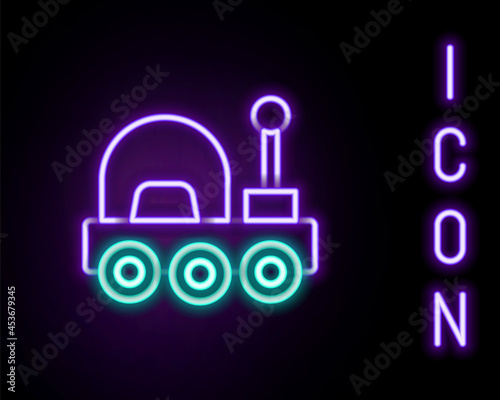 Glowing neon line Mars rover icon isolated on black background. Space rover. Moonwalker sign. Apparatus for studying planets surface. Colorful outline concept. Vector