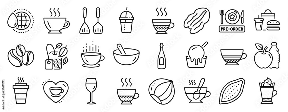Set of Food and drink icons, such as Fast food, Pre-order food, Cafe creme icons. Pecan nut, Coffee, Cooking cutlery signs. Apple, Mint bag, Hazelnut. Coffee cocktail, World water, Mocha. Vector