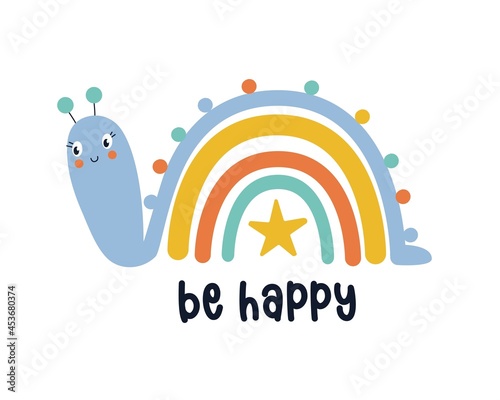 Cute snail with rainbow vector illustration for a t-shirt design with slogan. Vector illustration design for fashion fabrics, textile graphics, prints.