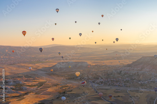 Hot air balloons in Cappadocia, Turkey. Hot air balloon flight in Goreme.