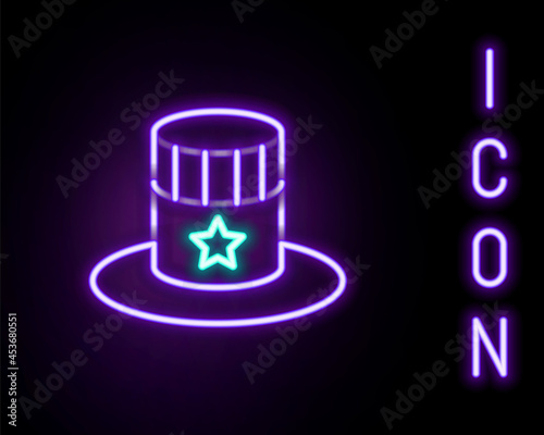 Glowing neon line Patriotic American top hat icon isolated on black background. Uncle Sam hat. American hat independence day. Colorful outline concept. Vector