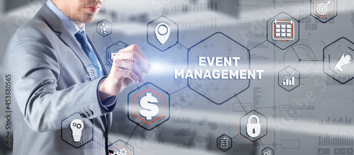 Businessman pressing on virtual screen and selecting Event Management