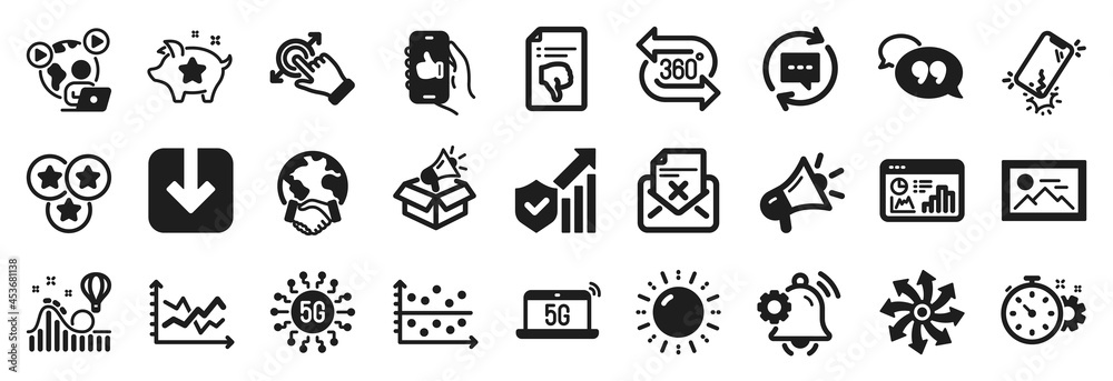 Set of Technology icons, such as Touchscreen gesture, Like app, Loyalty points icons. Diagram chart, Load document, Cogwheel timer signs. Versatile, Smartphone broken, Thumb down. Dot plot. Vector