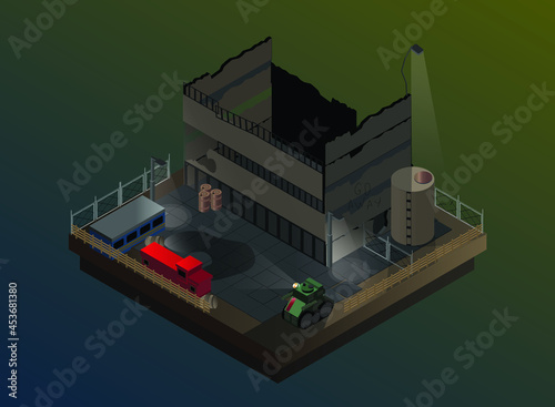 isometric vector illustration of ruined shopping mall at night with abandoned cabooze and railway carriage nearby and dieselpunk  military tank with gatling guns guarding the area