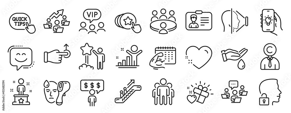 Set of People icons, such as Smile face, Heart, Employee benefits icons. Electronic thermometer, Copyrighter, Wash hands signs. Escalator, Teamwork, Drag drop. Vip clients, Quick tips. Vector