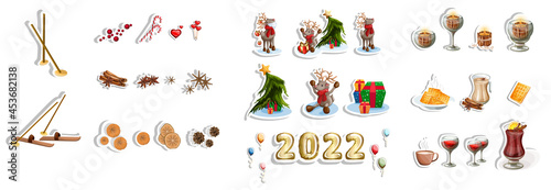 Vector image of a large set of stickers on a winter and Christmas theme with decorated stickers isolated on a white background. Concept. Cartoon style. EPS 10