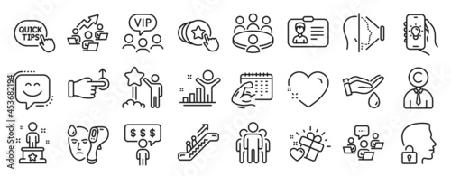 Set of People icons, such as Smile face, Heart, Employee benefits icons. Electronic thermometer, Copyrighter, Wash hands signs. Escalator, Teamwork, Drag drop. Vip clients, Quick tips. Vector