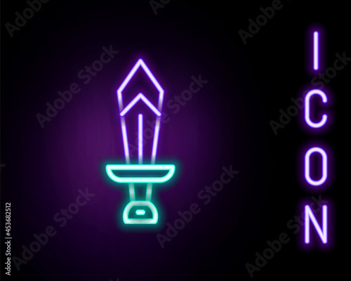 Glowing neon line Sword for game icon isolated on black background. Colorful outline concept. Vector