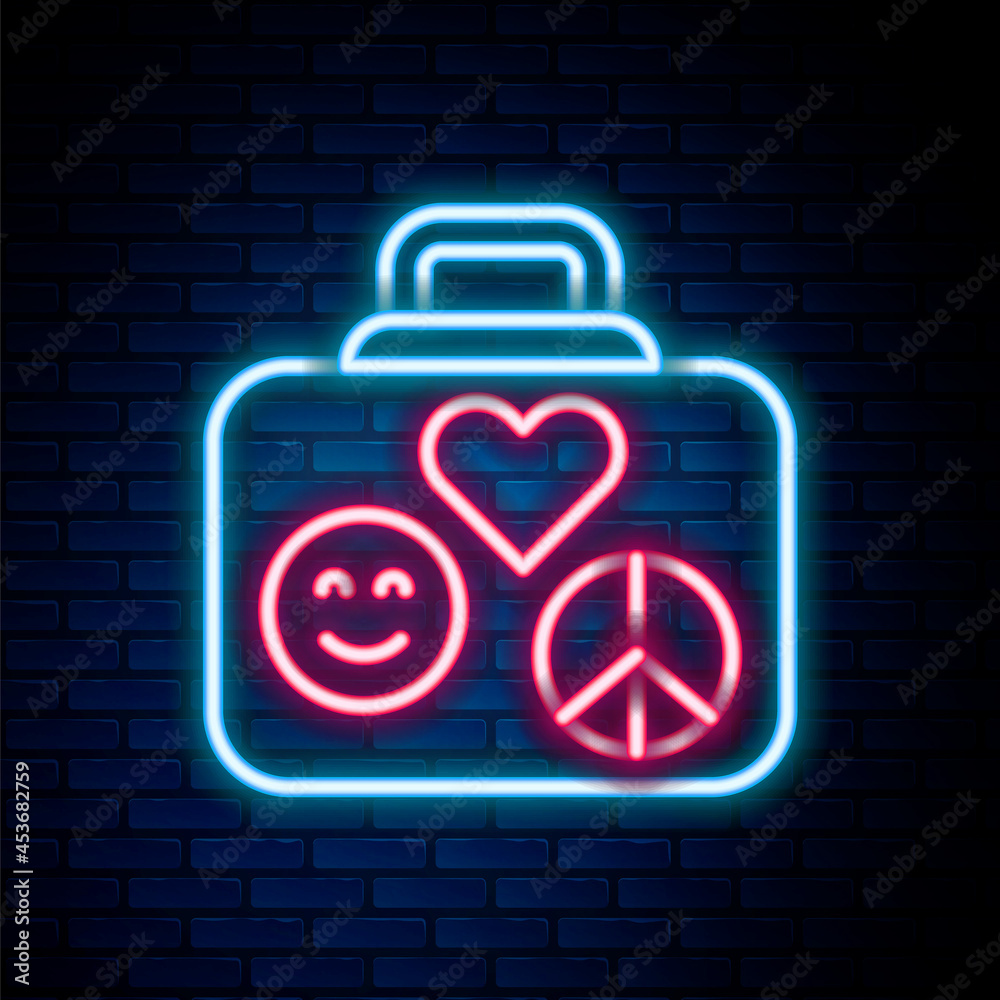 Glowing neon line Suitcase for travel icon isolated on brick wall background. Traveling baggage sign. Retro hippie style. Travel luggage icon. Colorful outline concept. Vector Glowing neon line Suitcase for travel icon isolated on brick wall background. Traveling baggage sign. Retro hippie style. Travel luggage icon. Colorful outline concept. Vector