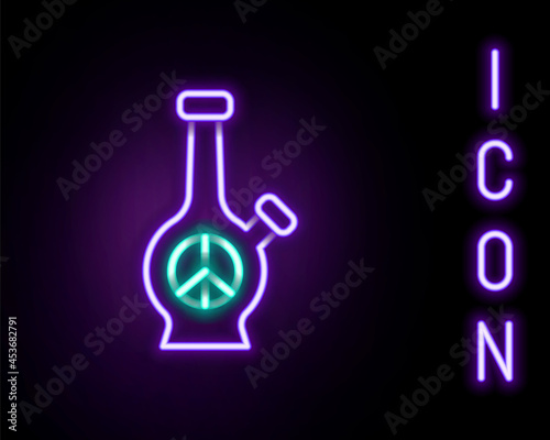 Glowing neon line Glass bong for smoking marijuana or cannabis icon isolated on black background. Colorful outline concept. Vector
