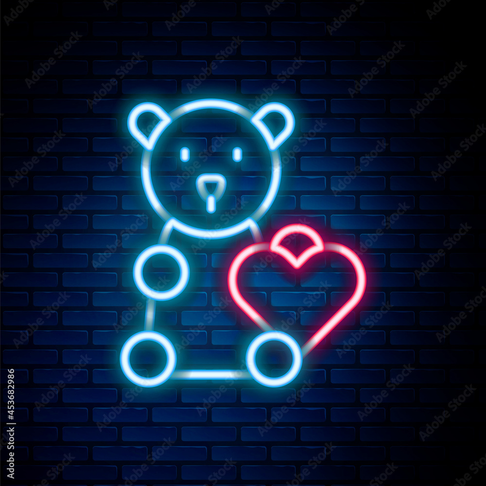 Glowing neon line Donate child toys icon isolated on brick wall background. Charity kindness, volunteer social assistance. Colorful outline concept. Vector