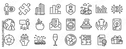 Set of Business icons  such as Certificate  Truck delivery  Hdd icons. Hold t-shirt  Internet warning  Bike rental signs. Cogwheel  Decreasing graph  Wineglass. Star target  Bitcoin system. Vector