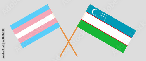 Crossed flags of transgender pride and Uzbekistan. Official colors. Correct proportion