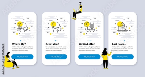 Vector Set of Medical icons related to Medical mask, Sick man and Fever icons. UI phone app screens with people. Apartment insurance line symbols. Vector