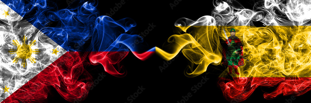 Philippines, Filipino vs Russia, Russian, Ryazan Oblast smoke flags side by side. Philippines, Filipino vs Russia, Russian, Ryazan Oblast smoke flags side by side.
