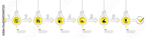 Gym Infographic timeline with 6 steps. Sport process diagram with Exercise schedule, Exercise analysis, Strong muscle arm and Goal target icons. Timeline infograph diagram. Vector
