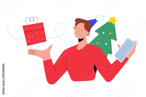 Christmas online shopping concept, Young woman using smartphone app to buy and send Christmas gifts for friends and family distantly, order and delivery service, vector cartoon illustration