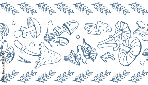 Hand-drawn vector lineart seamless doodle-style ribbon with mushrooms in gray on a white background. Illustration in retro and cottage-core style with plants.Good for use as a pattern or tape
