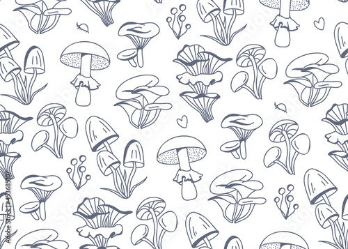 Hand-drawn vector lineart seamless doodle-style pattern with mushrooms in grey on a white background. Illustration in retro and cottage-core style with plants of the autumn forest. (ID: 453685107)