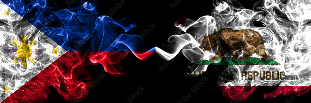 Philippines, Filipino vs United States of America, America, US, USA, American, California, Californian smoke flags side by side. Philippines, Filipino vs United States of America, America, US, USA, American, California, Californian smoke flags side by side.