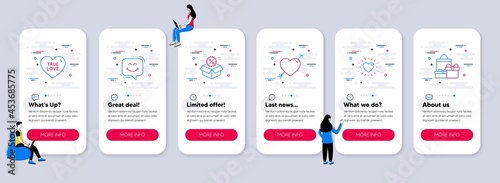 Set of Holidays icons, such as Smile chat, Love, Sale icons. UI phone app screens with teamwork. Heart, True love, Shopping line symbols. Happy face, Valentines day, Discount. Sweet heart. Vector
