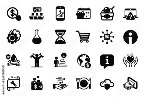 Vector Set of Business icons related to Settings gears, Mobile finance and Spanner icons. Buy currency, Online question and Time signs. Chemistry lab, Online voting and Hold heart. Cash. Vector